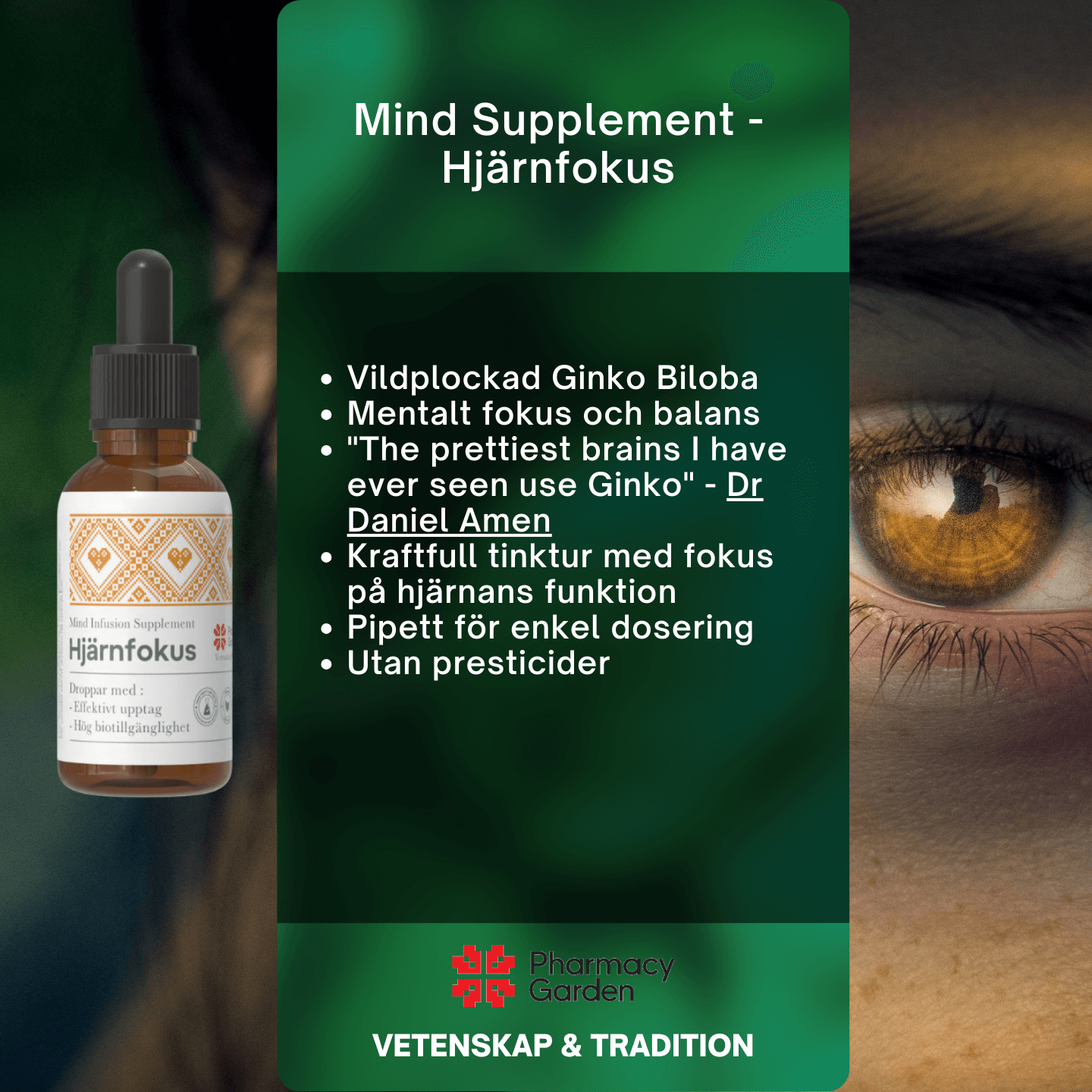 Flaska med Mind Supplement Hjärnfokus kosttillskott med beskrivning av ingredienser och fördelar, fokus på mental balans och hjärnfunktion.