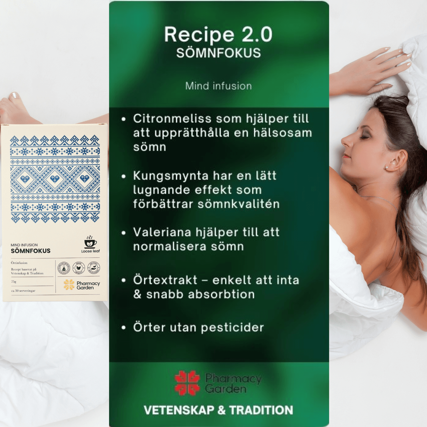 Sömnfokus Recipe 2.0 poster with herbal benefits, including Citronmeliss, Kungsmynta, Valeriana, shown with relaxing woman in bed.