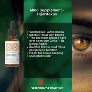 Flaska med Mind Supplement Hjärnfokus kosttillskott med beskrivning av ingredienser och fördelar, fokus på mental balans och hjärnfunktion.