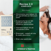 Sömnfokus Recipe 2.0 poster with herbal benefits, including Citronmeliss, Kungsmynta, Valeriana, shown with relaxing woman in bed.