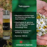 Glass tea brewer with filter and text overlay detailing features, next to a hand holding chamomile flowers, highlighting herbal infusion benefits.