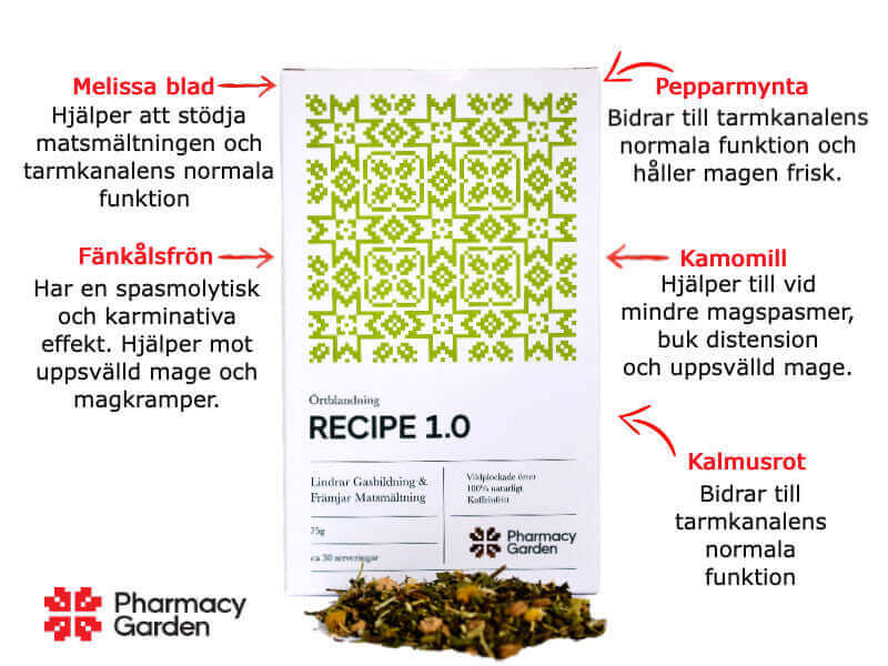 Recipe 1.0 främjar matsmältning, motverkar gasbildning och ballongmage alla ingredienser förklarade